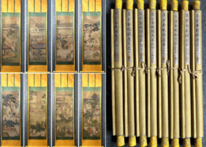 中国明時代 唐寅書 絹本「漢宮春暁図八条屏」掛軸