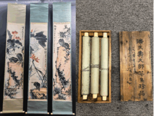 潘天寿 花鳥図三条屏 掛軸 共箱