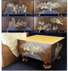 総梨地 四方蒔絵 盛上 獅子牡丹菊花桐鳳凰 柾目 碁盤 漆塗