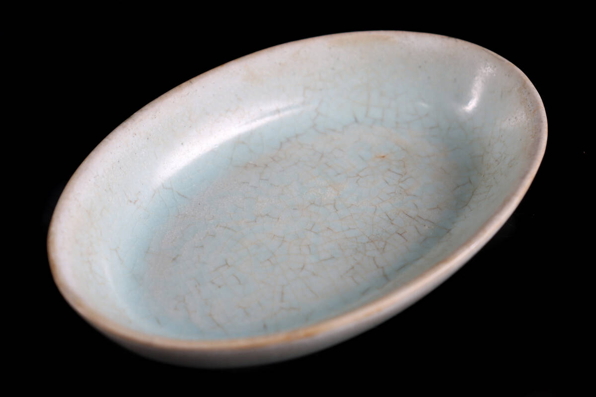 中国古玩 唐物 宋朝期 哥窯青磁水盤 楕円皿 古美術品F2