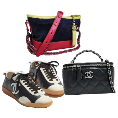 Designer handbags and sneakers: black quilted Chanel purse with chain, small Chanel bag, red‑and‑blue crossbody, and black‑white sneakers.