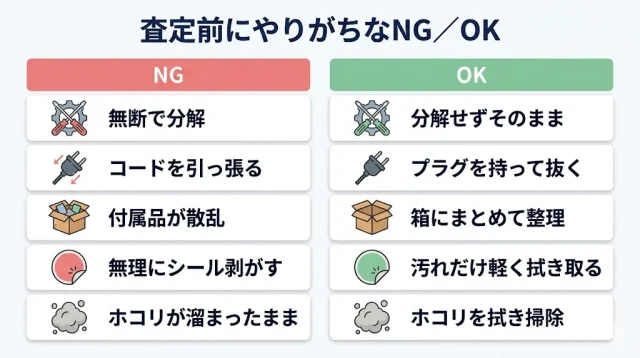  NG／OKを左右で対比したチェックリスト型インフォグラフィック。5つの失敗例とそれぞれの防ぎ方をアイコン付きで整理