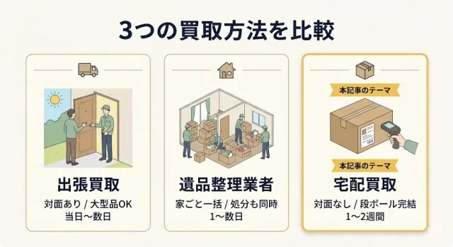 出張買取・遺品整理業者・宅配買取の3つの方法を比較するイメージ
