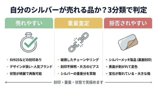 「売れやすい/重量査定/拒否されやすい」の3分類を比較した判断チャート。刻印・重量・状態・ブランドの4軸で振り分けるインフォグラフィック