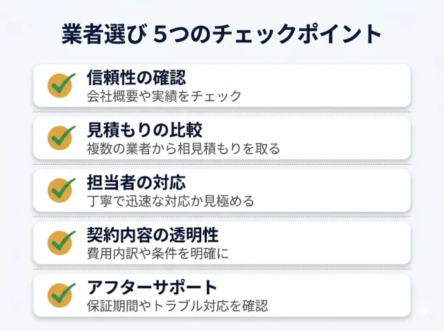 業者選びの5つのチェック項目を縦並びチェックリスト形式で配置。各項目の右側に「○○な業者なら安心」の短いコメントを添えたインフォグラフィック