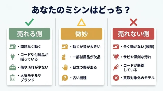 「売れる側／微妙／売れない側」の3カラム判定図。左から順に緑チェック・黄三角・赤バツのアイコンとカード型レイアウトで、5つの基準を視覚化