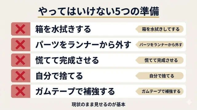 NG行動5つを警告アイコン付きで並べたチェックリスト型インフォグラフィック