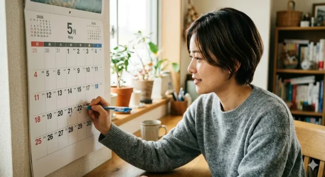 カレンダーにチェックを付けている女性