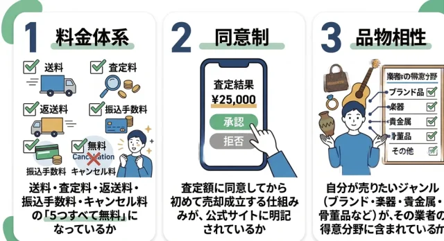 宅配買取業者は「料金体系×同意制×品物相性」の3軸で選ぶ