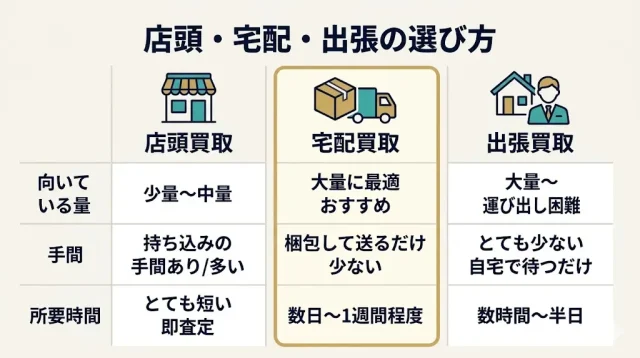 店頭・宅配・出張買取の3パターンを「向いている量・手間・所要時間」で比較した比較表型インフォグラフィック
