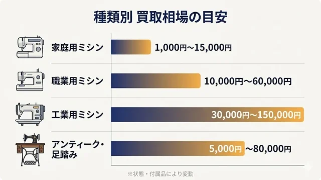 種類別（家庭用・職業用・工業用・アンティーク）の相場目安を棒グラフ＋金額カードで示した相場早見表。状態によるブレ幅も矢印で表現