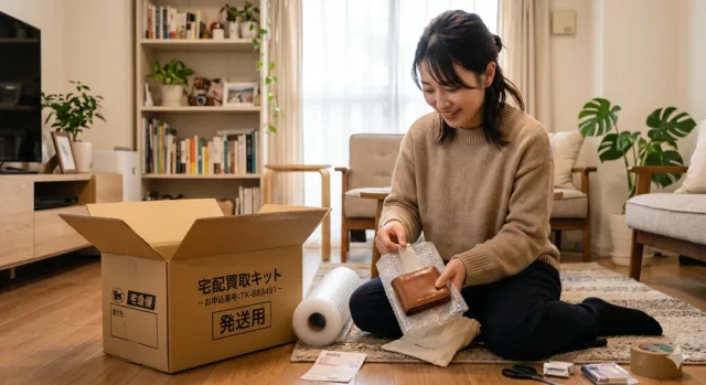 宅配買取で財布を梱包している女性