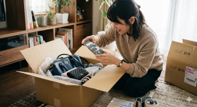 宅配買取に送る前にスマホのカメラで写真を撮る女性