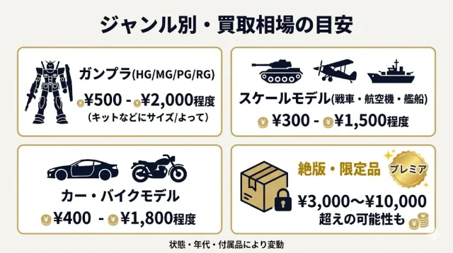 ガンプラのグレード別・スケールモデル別・絶版品の値段感を価格カード形式で見せる相場一覧インフォグラフィック