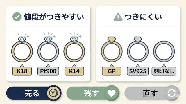 「値段がつく指輪」と「値段がつきにくい指輪」を左右で比較する判断チャート。