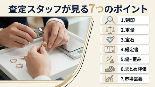 査定スタッフが拡大鏡と計量器で指輪を確認している実写風イラスト+7つのチェックポイントをアイコンで配したインフォグラフィック