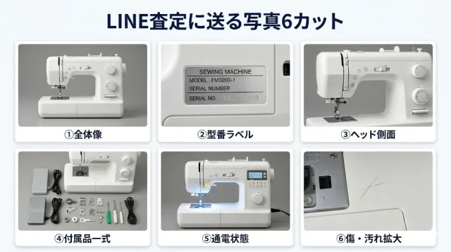 6枚の写真サムネイル（全体／型番／側面／付属品／通電／傷）を2行3列で並べ、それぞれに「何を写すか」のラベルを付けた撮影ガイド型インフォグラフィック