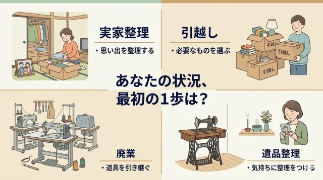 4つの状況（実家整理／引越し／廃業／遺品整理）を四象限で配置し、それぞれの「最初の一歩」をフロー矢印で示した状況別ガイド