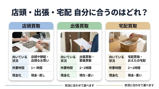 店頭・出張・宅配の3つの買取方法を「所要時間・費用・対応エリア・現金化スピード」で比較したカード型インフォグラフィック