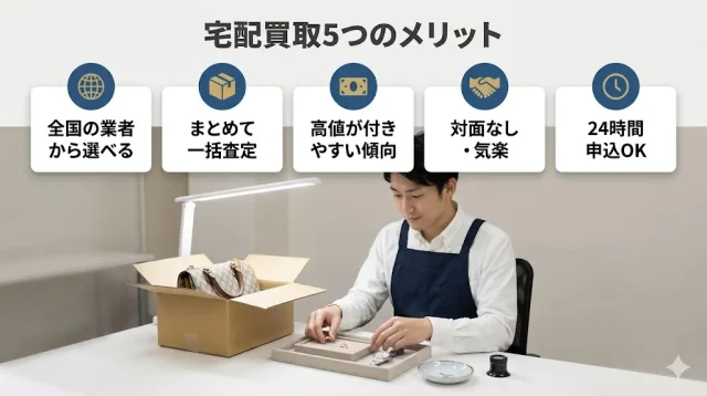 査定スタッフが段ボールから取り出した複数の品を並べて査定している様子