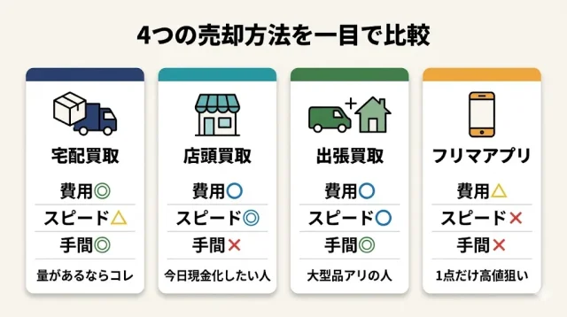 4つの売却方法(店頭・出張・宅配・フリマ)を比較するアイコン付きの図