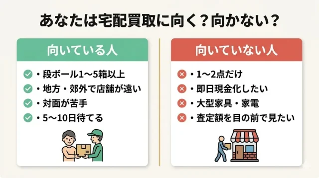 宅配買取が向く人と向かない人のシーンを左右に並べたコンセプト画像