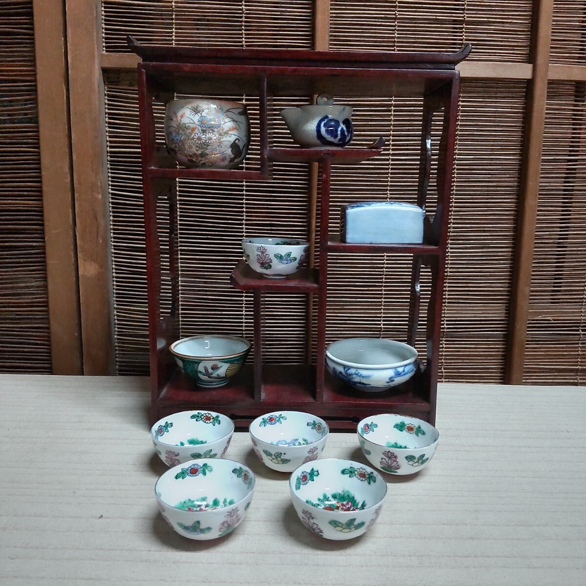 九谷焼 平安竹泉 ミニチュア茶器セット 違い棚