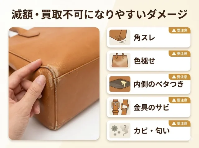 値段がつかない・査定が低くなりやすいコーチの特徴を図と文でまとめた画像
