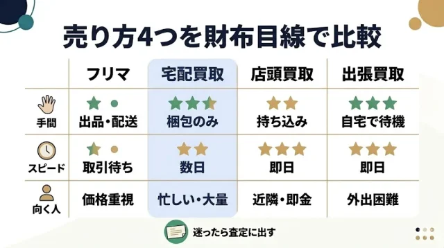 売り方4つを「財布目線」で比較:フリマ・宅配・店頭・出張