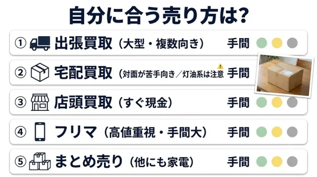 売り方を比べる:出張/宅配/店頭/フリマ/まとめ売り、自分向きは?