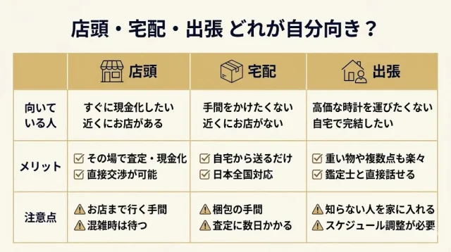 店頭・宅配・出張を「高額時計」で比較