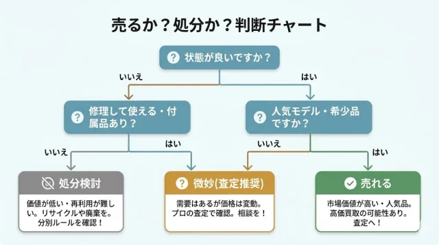  YES/NO分岐で自分のギアを「売れる/微妙/処分検討」に自己分類できる画像
