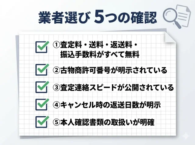 宅配買取で失敗しない業者選び5つのチェックポイントがまとめられたリスト画像