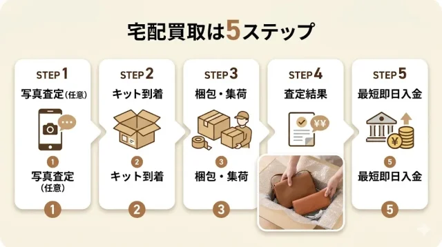 宅配買取の申し込みから入金までの流れを画像にしたもの