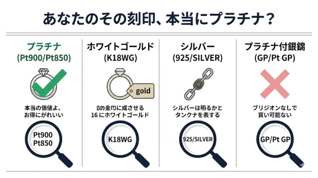 プラチナと混同しやすい4素材の刻印・特徴がわかる画像
