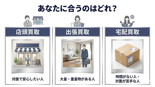  店頭・出張・宅配、自分にあった買取方法の選び方を図であらわしたもの
