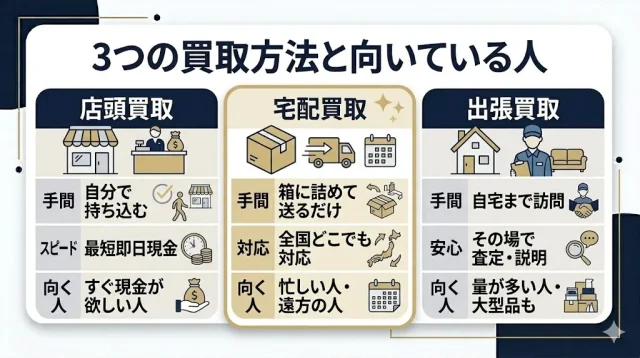 買取方法は3つ:店頭・宅配・出張の使い分け