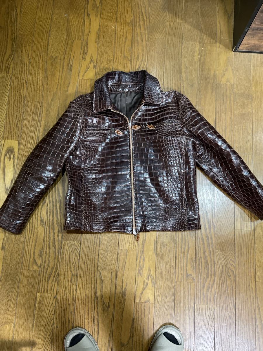 本クロコダイルレザー メンズライダースジャケット ブラウン Lサイズ
