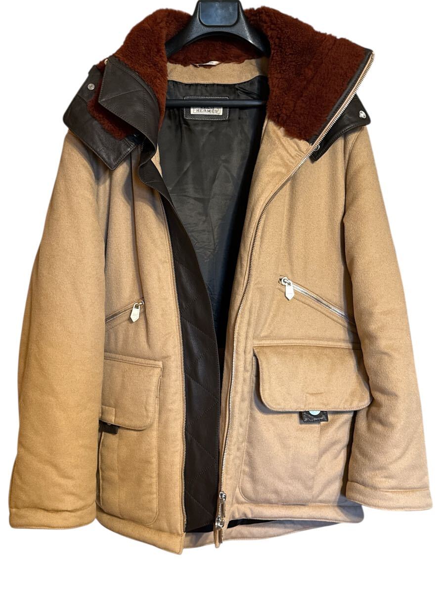 HERMES エルメス カシミヤ100% フードレザージャケット サイズ50