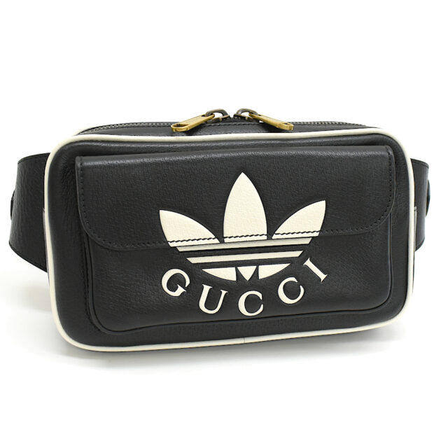 GUCCI×adidas トレフォイル ボディバッグ 722141 レザー ブラック