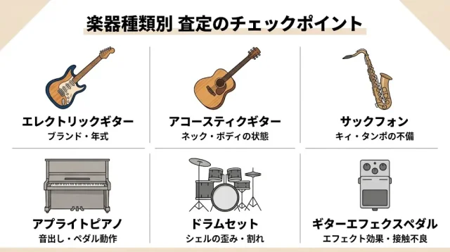 広島で楽器を売るときの種類別の注意点をあらわした画像