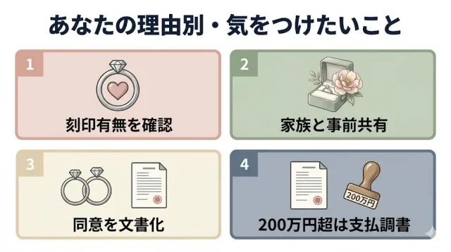  4つの売却理由ごとに、注意ポイントを人物カードで整理した画像