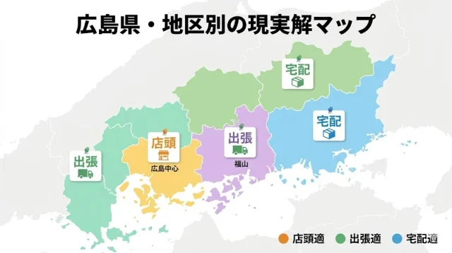 広島県の地理的特性(中心部・郊外・備後・県北)ごとに、現実的な買取方法を地図上で示した画像