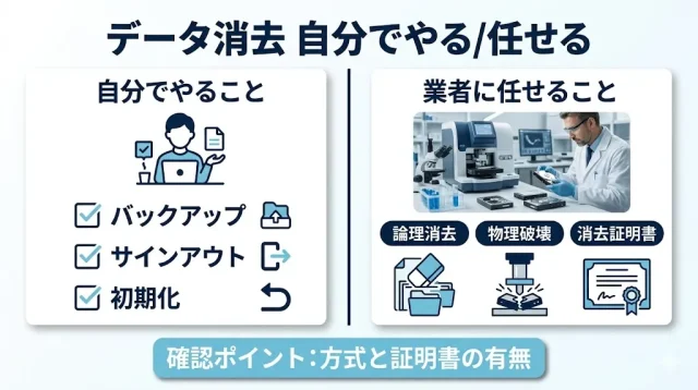 データ消去はどこまで自分でやる?業者に任せていい範囲