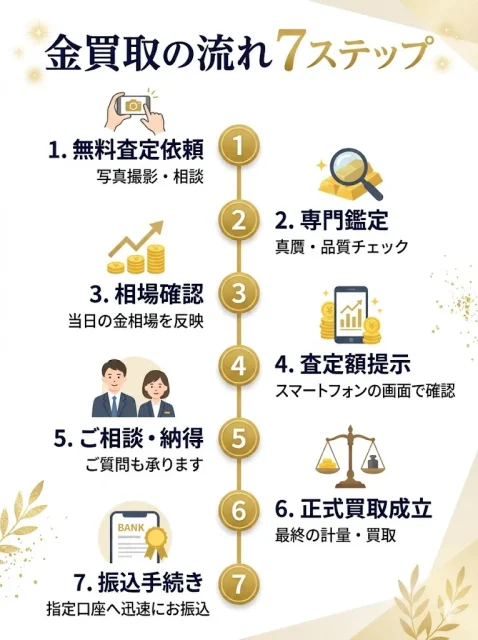 広島で金買取をスムーズに進める7ステップを図解にしたもの