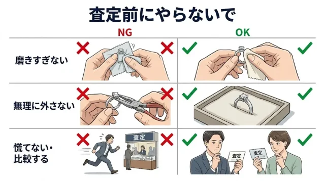 査定額を下げてしまう、やりがちなNG行動3つを画像でわかりやすくしたもの