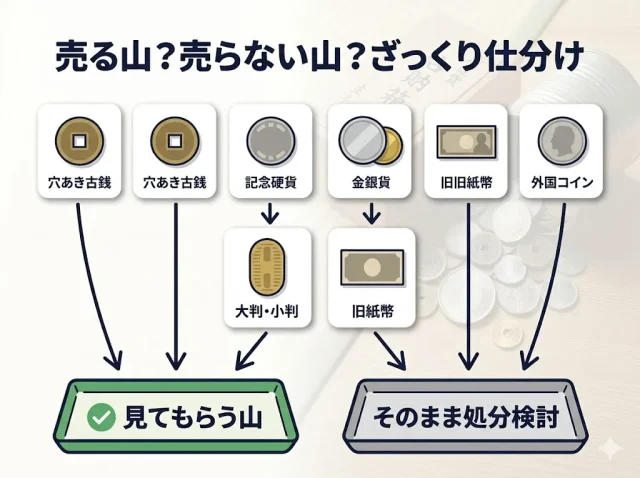 あなたの古銭はどっち?売る山・売らない山の仕分けフロー