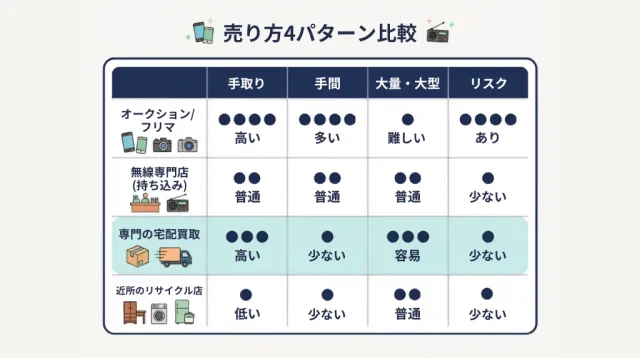 売り方4パターンの比較|オークション・フリマ・専門買取・リサイクル店