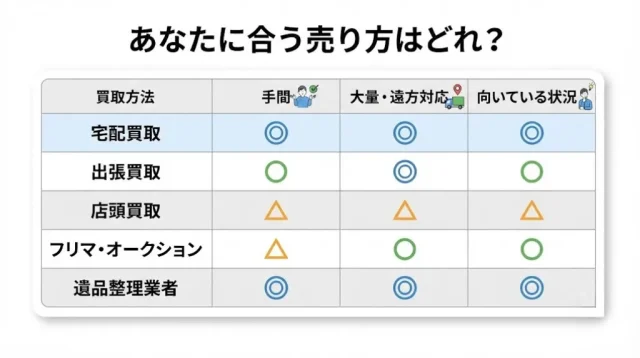 売却手段の比較|宅配・出張・店頭・フリマ・遺品整理業者