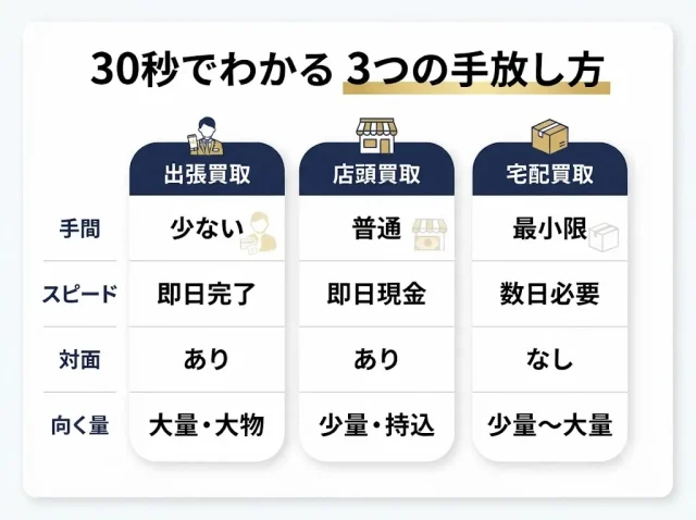 出張買取と店頭買取の違いを30秒で